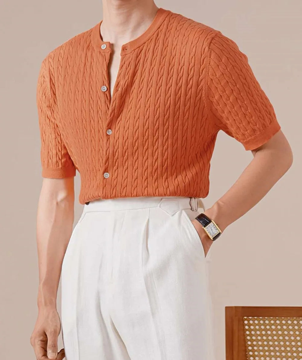 HEARUJOY  -  Summer Tencel Cotton Jacquard Knit Cardigan Men's Short Sleeve Thin Round Neck Draped Casual Business T-Shirt Breathable Polo