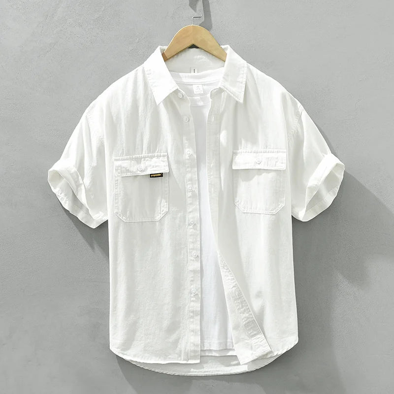 HEARUJOY  -  Japanese Retro Men Short Sleeve Cargo Shirt Double Pockets Cotton Uniform Light Casual Work Safari Style Shirts Mens Tops Shirt