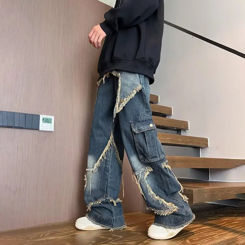 Hearujoy 2024 New Streetwear Big Star Edge Jeans Cargo Pants Loose Plus Size Wide Leg Pants Harajuku Casual Denim Pants Men Clothing Y2K