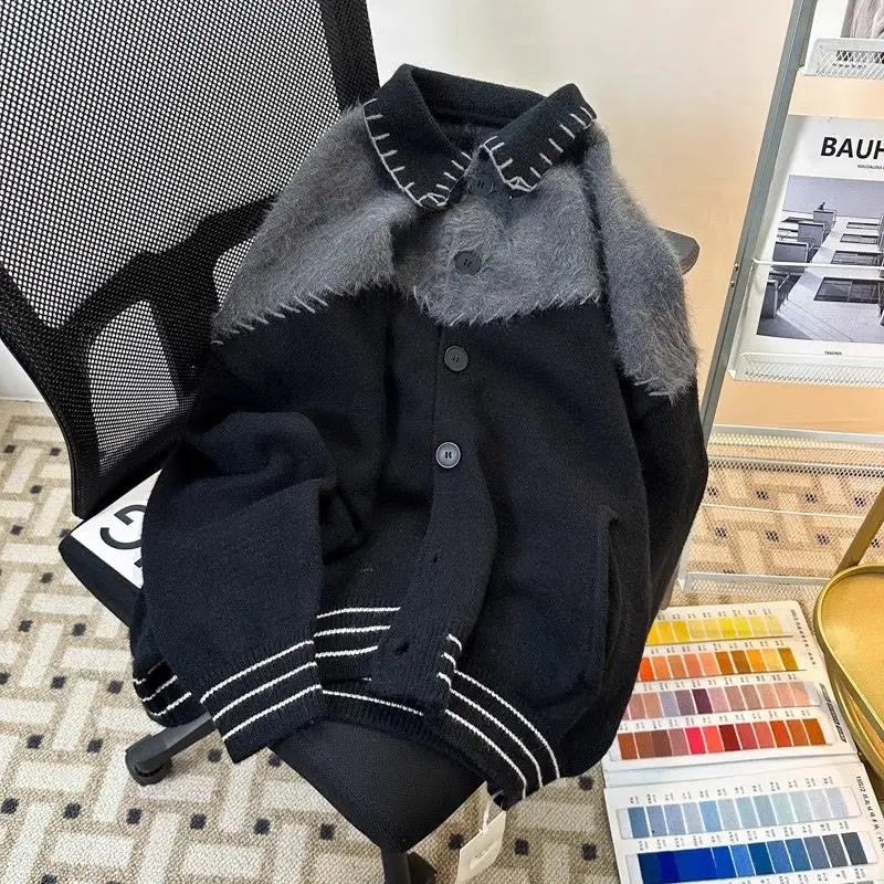 HEARUJOY  -  Korean Contrasting Color Splicing Cardigan Lapel Sweater Men and Women Trendy Niche Loose Warm Sweater