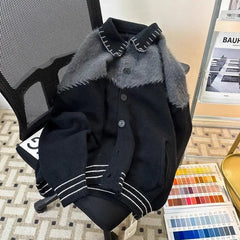HEARUJOY  -  Korean Contrasting Color Splicing Cardigan Lapel Sweater Men and Women Trendy Niche Loose Warm Sweater