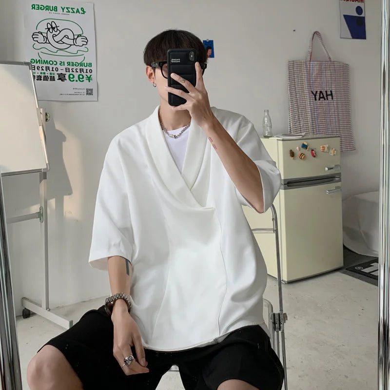 Hearujoy Summer Black White Pullover Shirt Men Fashion Oversized Casual Shirt Men Korean Loose Short Sleeve Shirts Mens Dress Shirt M-2XL