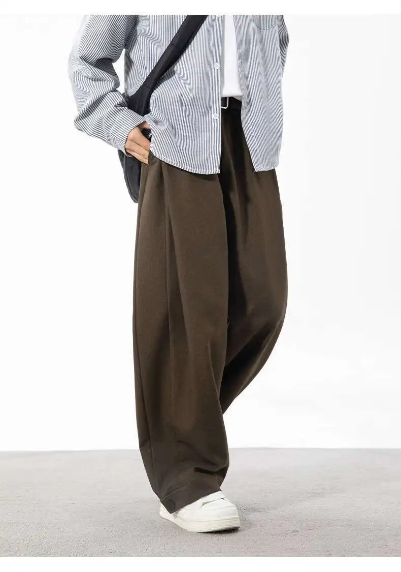 HEARUJOY  -  Korean Style Men's Suit Pants Solid Color Pleated Design Botton Drawstring Simple Elastic Waist Summer Male Trousers