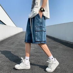 Hearujoy Korean Summer Men's Wide Leg Denim Shorts New Fashion Loose Casual Elastic Waist Large Pocket Work Shorts Men's Brand Clothing