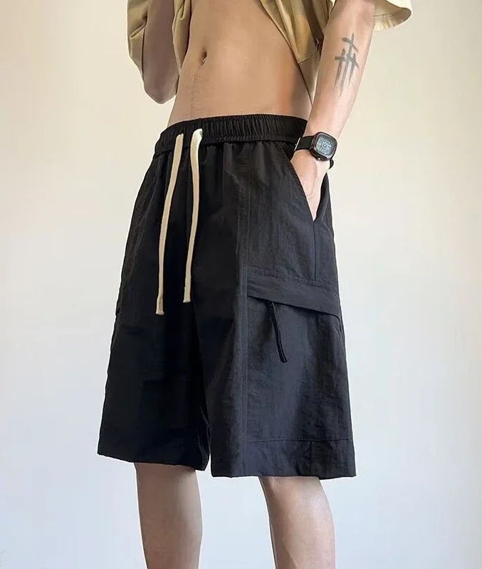HEARUJOY  -  Wide Mens Cargo Shorts Baggy Over Knee Solid Elastic Waist Loose with Draw String Short Pants for Men Pockets High Quality V