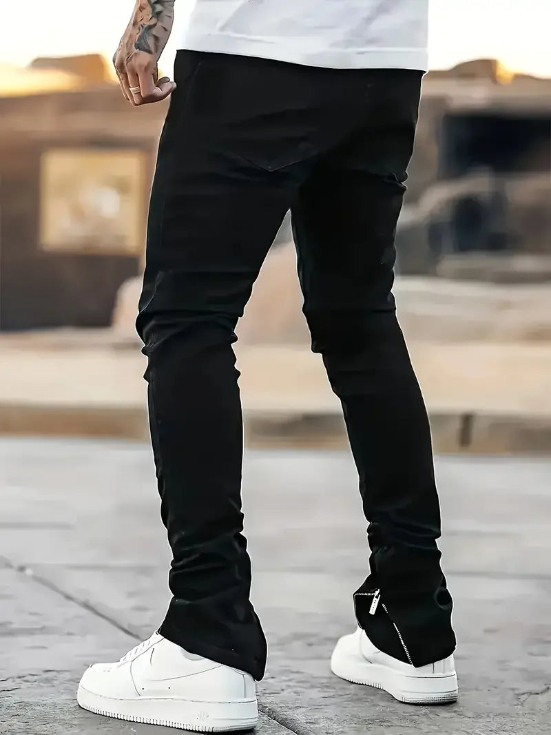 HEARUJOY  -  Men's Slim Fit Black Jeans - Street Style, Cotton Blend, Mid-Stretch Fabric, Ripped Detail, All-Season Wear