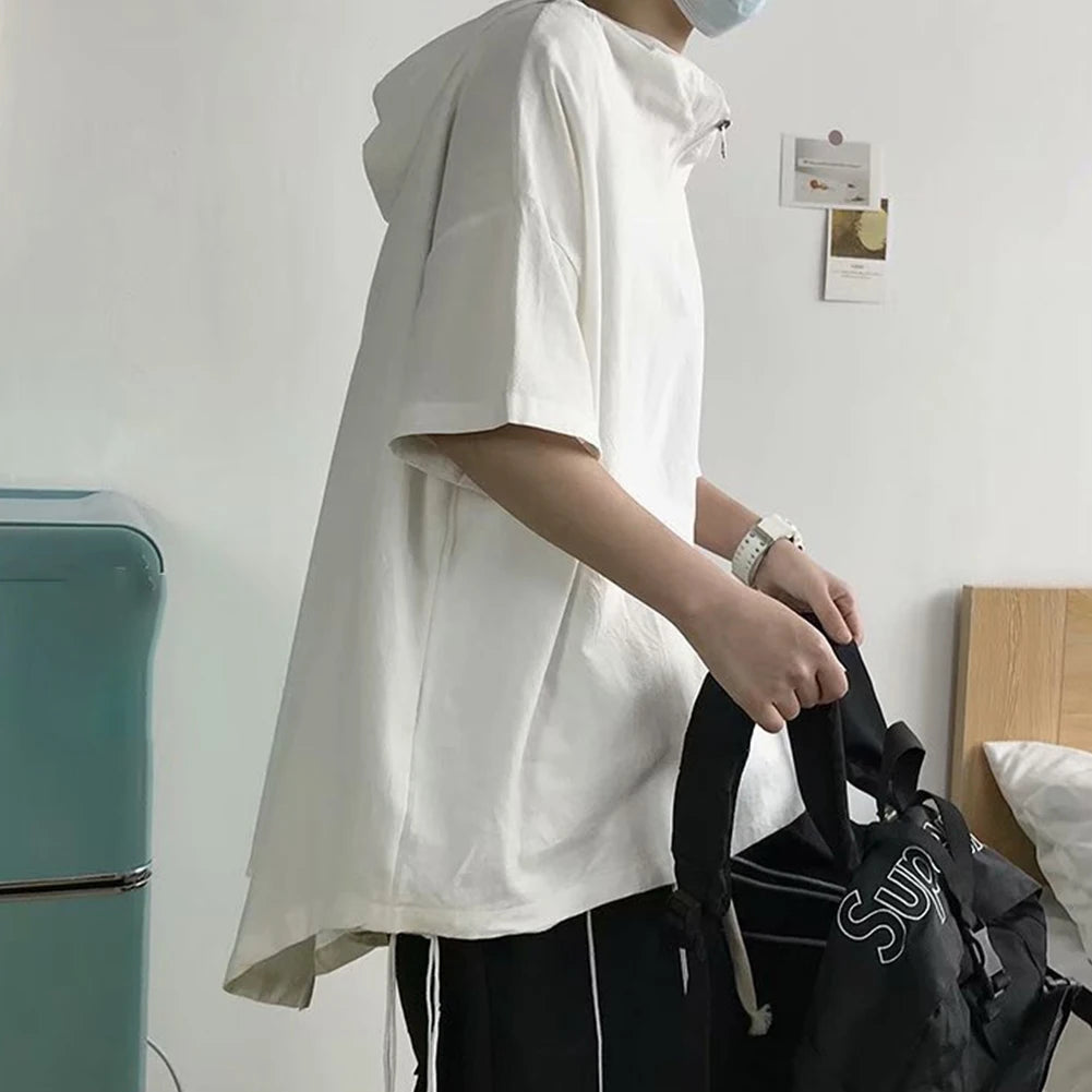 HEARUJOY  -  Pullover Men Tops Hoodie Loose Pocket Polyester Casual Harajuku Hip Hop Hooded Short Sleeve Solid Color Sweatshirt