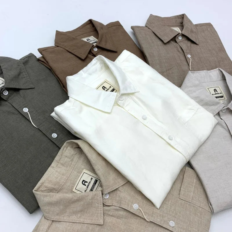 HEARUJOY  -  Summer Men's Cotton Linen Shirts With Chest Pocket Sold Color Harajuku Blend Simple Long Sleeved Loose Oversized Casual Shirt