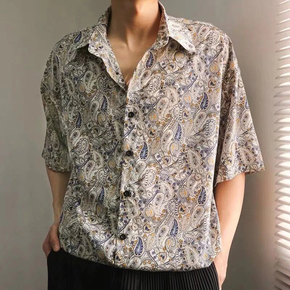 HEARUJOY  -  Mens Shirt Cashew Flower Print Shirt Summer Fashion Daily Versatile Outdoor Vacation Short-Sleeved Top Men'S Clothing 2025 New