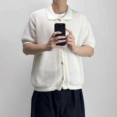 HEARUJOY  -  Men's Solid Color Hollow Short-Sleeved Shirt American Retro Fashion Trend Leisure Loose Breathable Niche Summer New Men's Tops