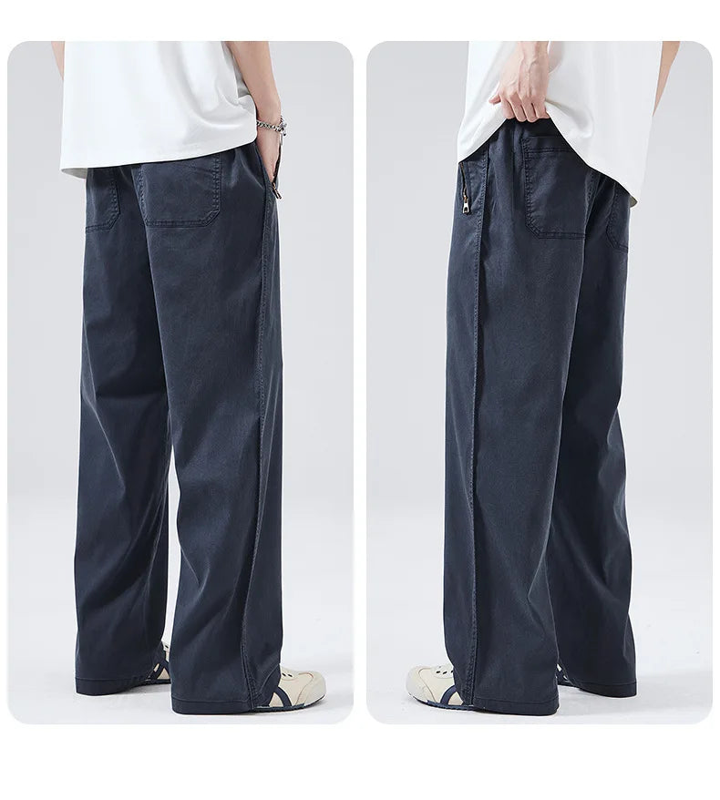 HEARUJOY  -  Men's Summer Casual Pants Men Trendy Loose Fit Versatile Wide Leg Draped Straight Long Trsouers Elastic Waist