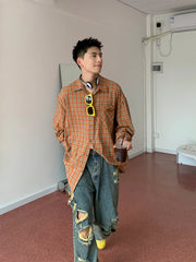 Hearujoy Holocene American trendy Korean version orange plaid shirt Men's long sleeved loose and versatile lazy coat streetwear