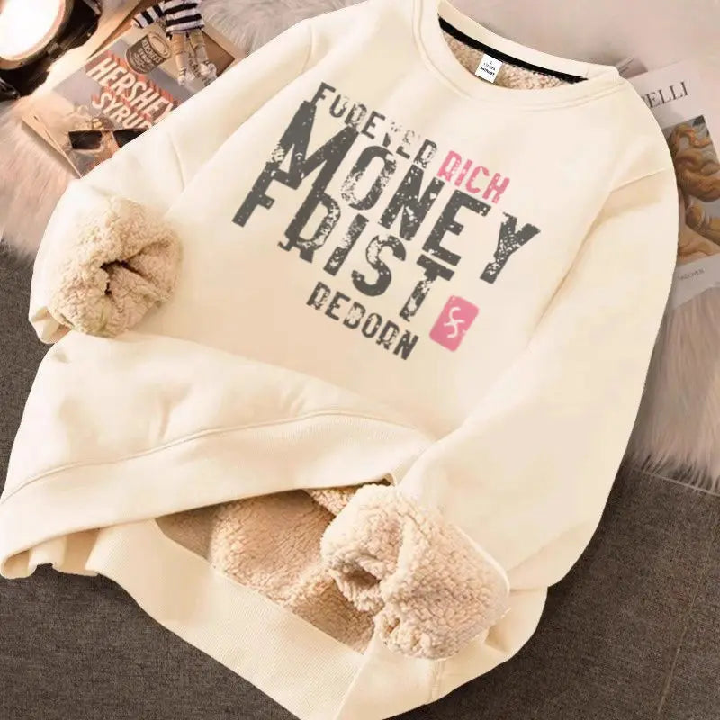 Hearujoy Lamb Fleece Plus Fleece Hoodie Round Neck Top Loose New Warm Couple Outfit Trendy