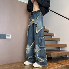 Hearujoy 2024 New Streetwear Big Star Edge Jeans Cargo Pants Loose Plus Size Wide Leg Pants Harajuku Casual Denim Pants Men Clothing Y2K