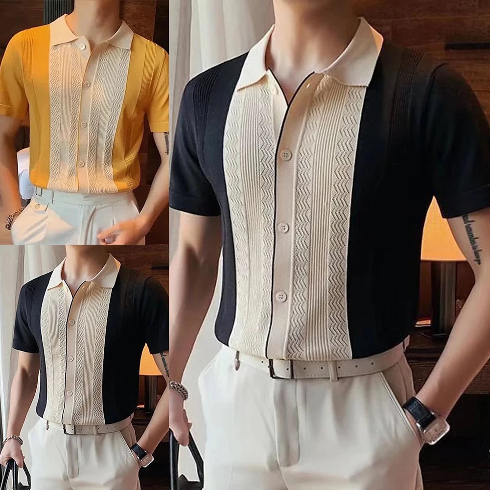 HEARUJOY  -  Clothing Contrast Color Loose Fit Tops Slight Stretch Vacation Clothing Casual Style Daily Wear Lapel Neckline