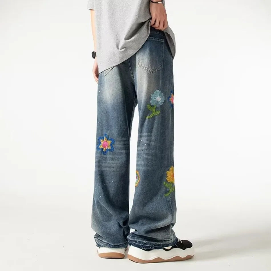 HEARUJOY  -  Street American Micro Flared Jeans Mens Petal Embroidery Washed Cowboy Pants Straight Tube Burr Edge Hip Hop Denim Trousers