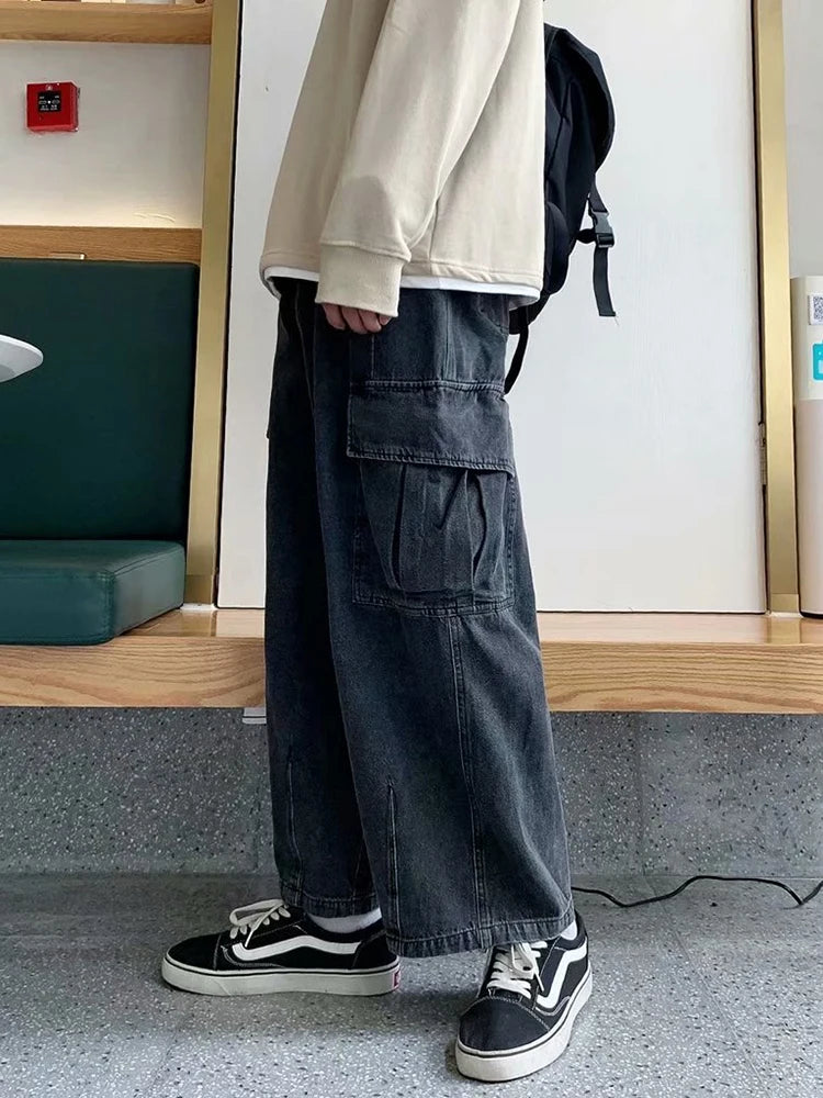 HEARUJOY  -  Baggy Jeans Men's Oversize Streetwear Fashion Wide Leg Cargo Pants Hip Hop Harajuku Multi-Pocket Denim Trousers Black Blue
