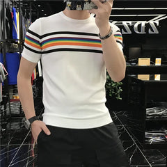 Hearujoy Summer New Men's Trendy Ice Silk Knit Striped Short Sleeve T-shirt Slimming Effective Cooling Half Sleeve T-shirt