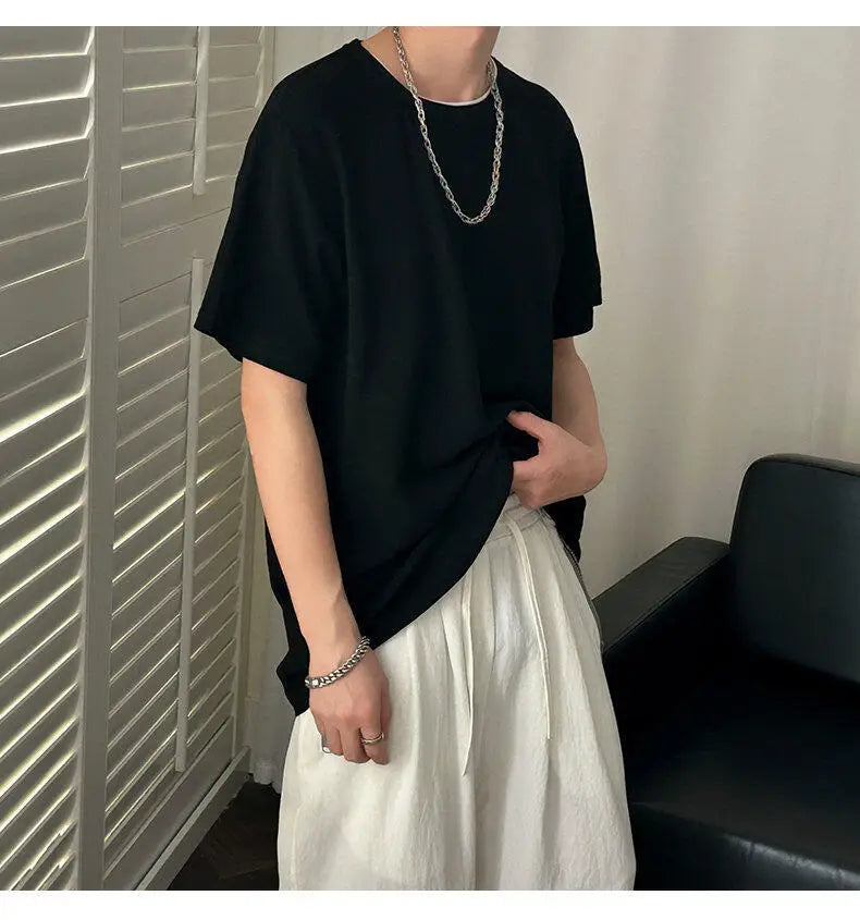 HEARUJOY  -  Korean Style Men's T-shirts Round Collar Short Sleeved Solid Color Mensweae New Summer Pullover Loose Male Tees