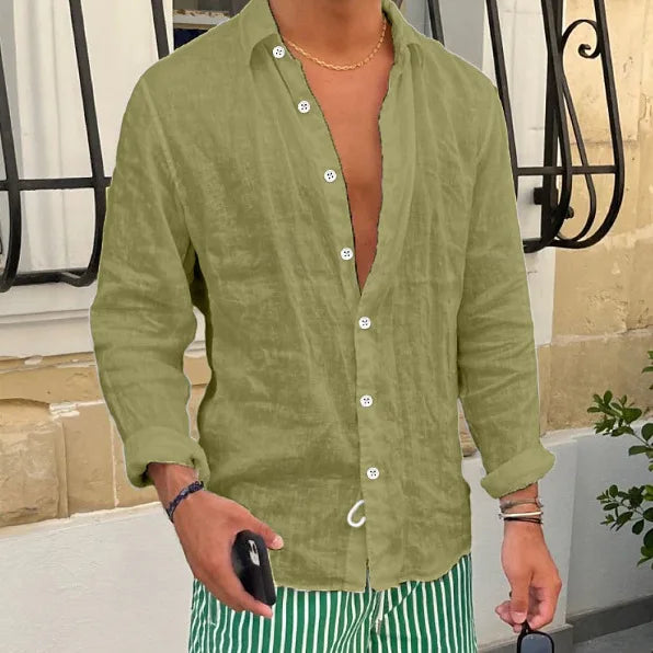 HEARUJOY  -  Men Seaside Beach Vintage Solid Cardigans Top Spring New Casual Linen Shirts Mens Long Sleeve Button-up Turn-down Collar Shirt