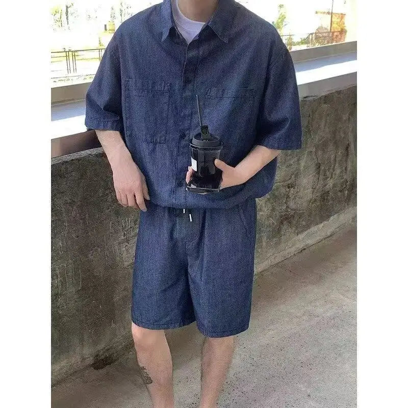 HEARUJOY  -  Summer Men set Retro Trendy Brand Hong Kong-style Denim Short-sleeved Shirts Shorts Casual Sportswear Men Cool Loose suit