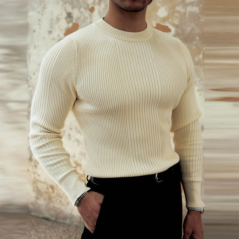 HEARUJOY  -  Trendy Bottoming Tees Mens Knitted Solid Color Texture Long Sleeve T-shirts For Men Spring Fall Stylish Slim Stretch O Neck Tops
