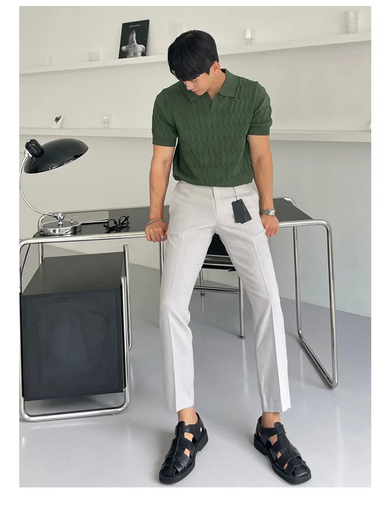 HEARUJOY  -  Summer Clothing Men's Light Luxury Knitted Jacquard Polo Shirt V-Neck Solid Color Short-sleeved Korean Popular Leisure Knitwear