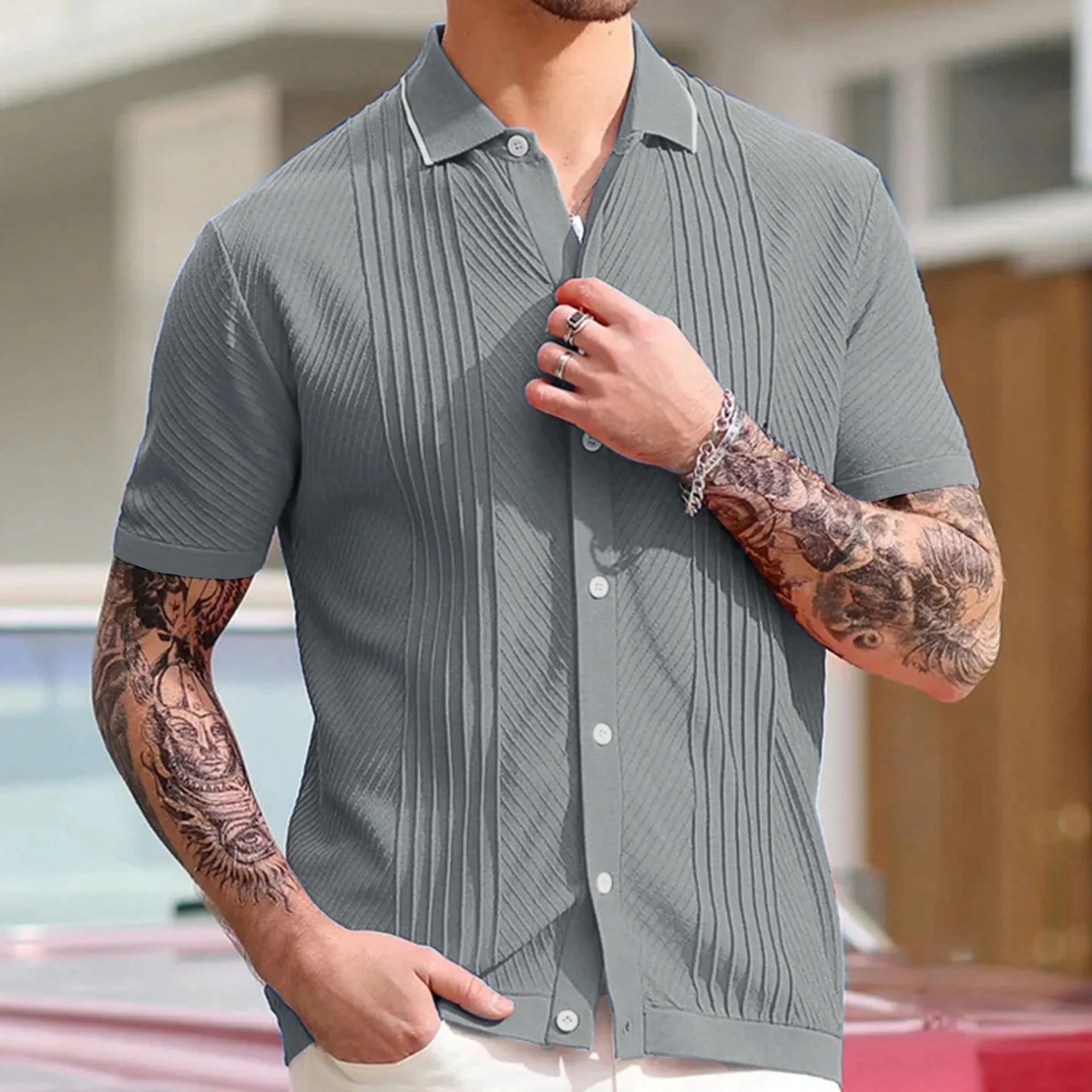 HEARUJOY  -  Men's Luxury Clothing Knit Short Sleeve Polo Shirt Casual Streetwear Lapel Button Down Cardigan Breathable Tops Summer Knitwear