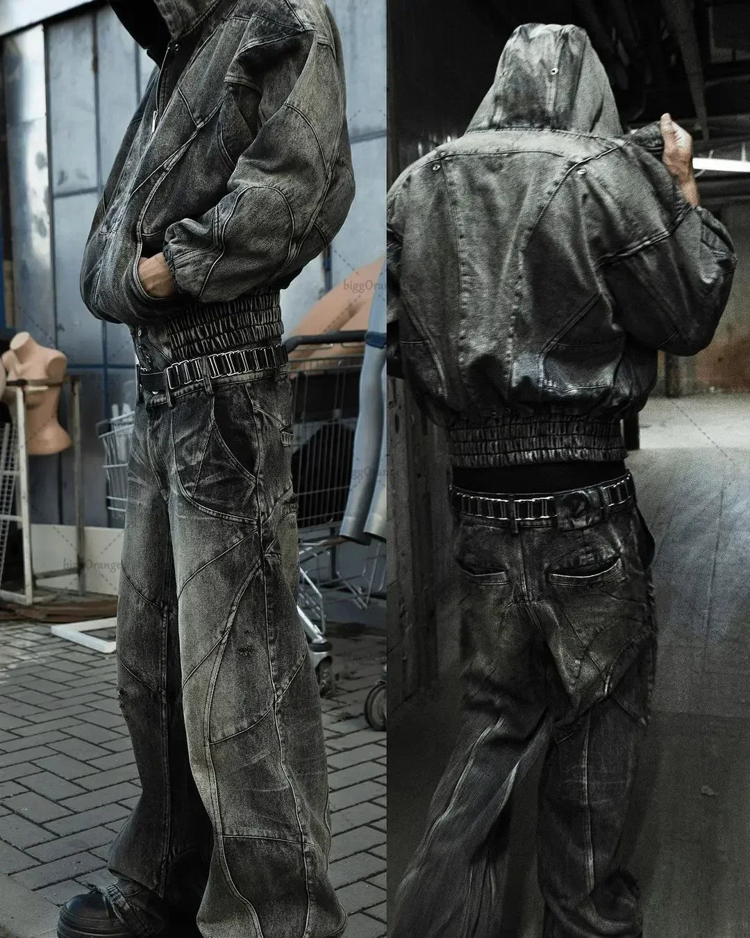 Hearujoy Y2K Harajuku Gray Spliced Washed Jeans Men's Gothic Style Street Trend Clothing Retro Loose Wide Leg Pants Autumn Baggy Jeans