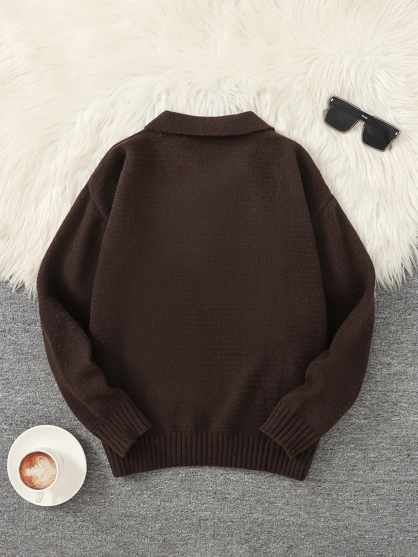 HEARUJOY  -  New Popular Autumn and Winter Pure Color Polo Collar V-Neck Pullover Sweater Casual Round Neck High-End Textured Knitted Men's Pullover
