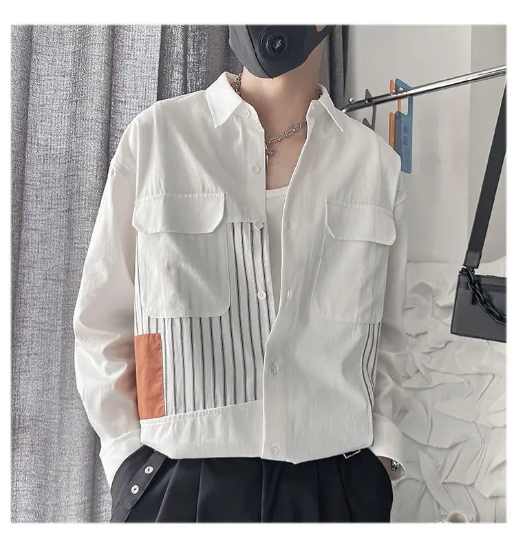 Hearujoy Striped Patchwork Handsome Shirt Men's New Fashionable Casual Long Sleeved Shirt Trendy Thin Top