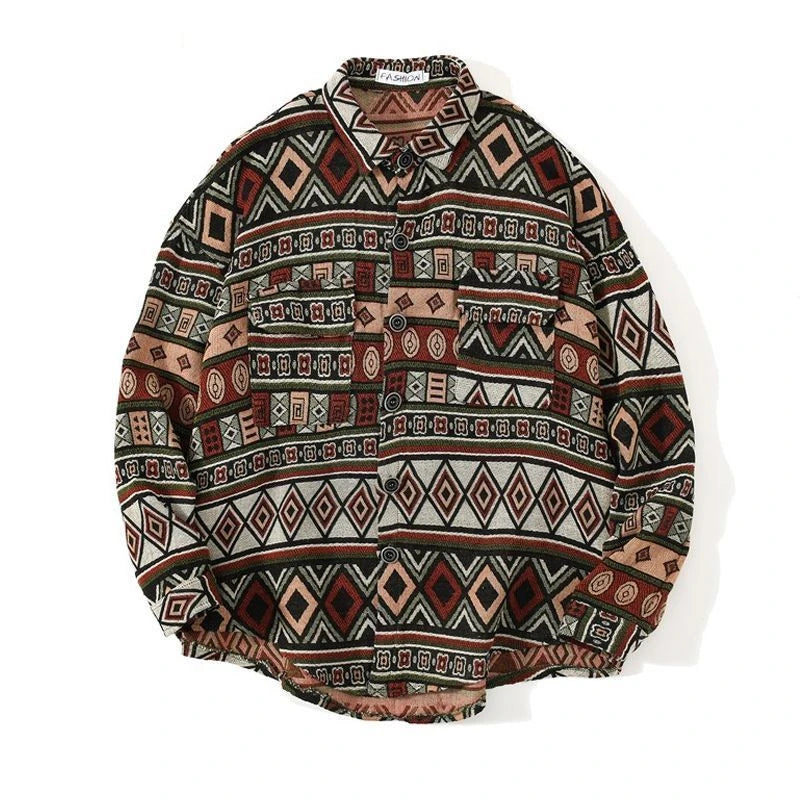 HEARUJOY  -  Cuban Colored Numb Ethnic Style Shirt Men Weaving and Embroidered Spring and Autumn Retro Hong Kong Style Shirt Jacket