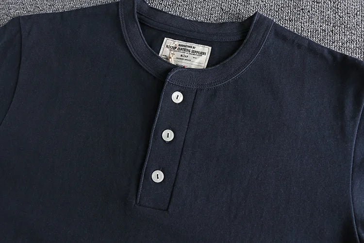 HEARUJOY  -  Tough Guy Style Heavyweight Wash Cotton Henry Neck Short Sleeve T-shirt Men's Summer Personalized Versatile Tops Tee Sold Color