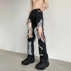 Hearujoy Y2K Unisex Perforated Jeans Mens Summer Korean 2024 Slim Design Straight Wide Leg Denim Pants LGBT Man Sexy Ripped Fringed Jeans