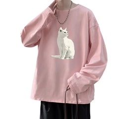 HEARUJOY  -  Men's Plain T-shirts Cotton Full Sleeves Fashion White Mens Oversized T Shirt Casual Wear Cat Walking Print Tee Shirts for Men