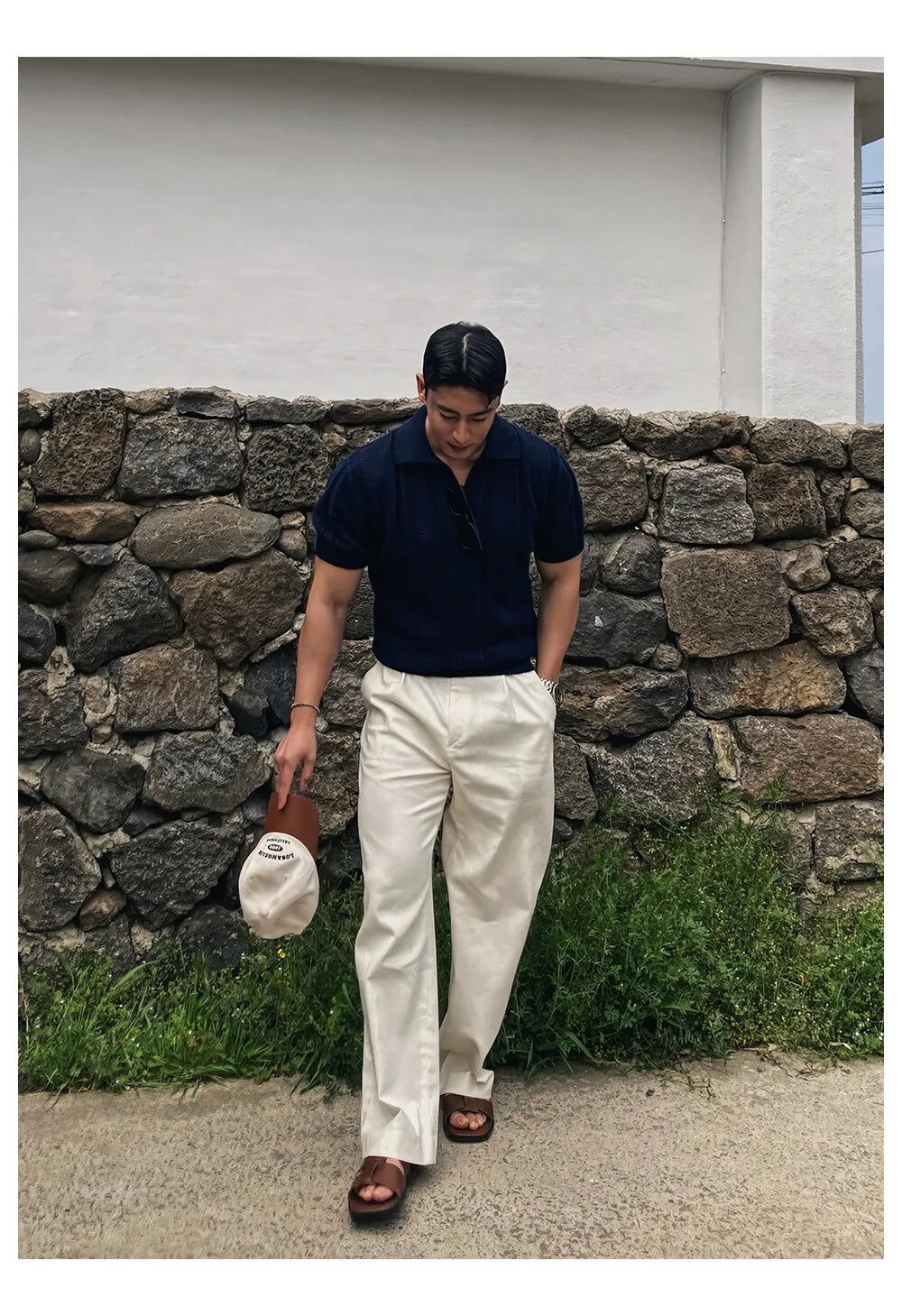 HEARUJOY  -  Men's Clothing Luxury Korean Popular Hollow Out Polo Shirt Leisure V Neck Short Sleeve Solid Color Retro Streetwear Knitwear