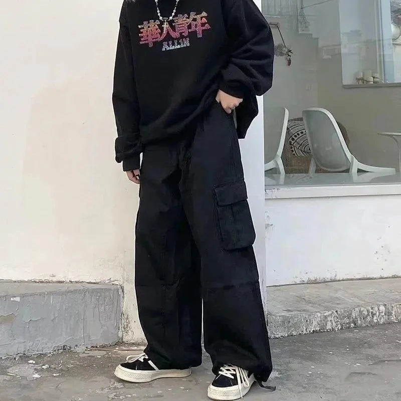 Hearujoy Baggy Black Cargo Pants for Men Khaki Cargo Trousers Male Harajuku Loose Casual Autumn Japanese Streetwear Hip Hop Retro