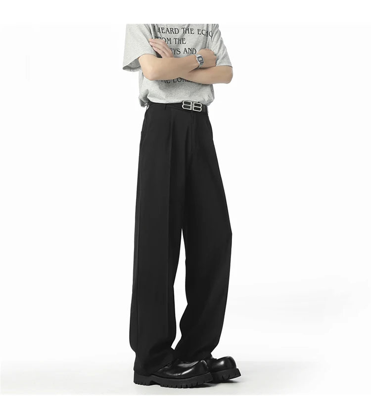 HEARUJOY  -  Men's Straight Baggy Casual Pants Korean Slit Personality Suit Trousers Fashion Formal Business Male Streetwear Gray Black