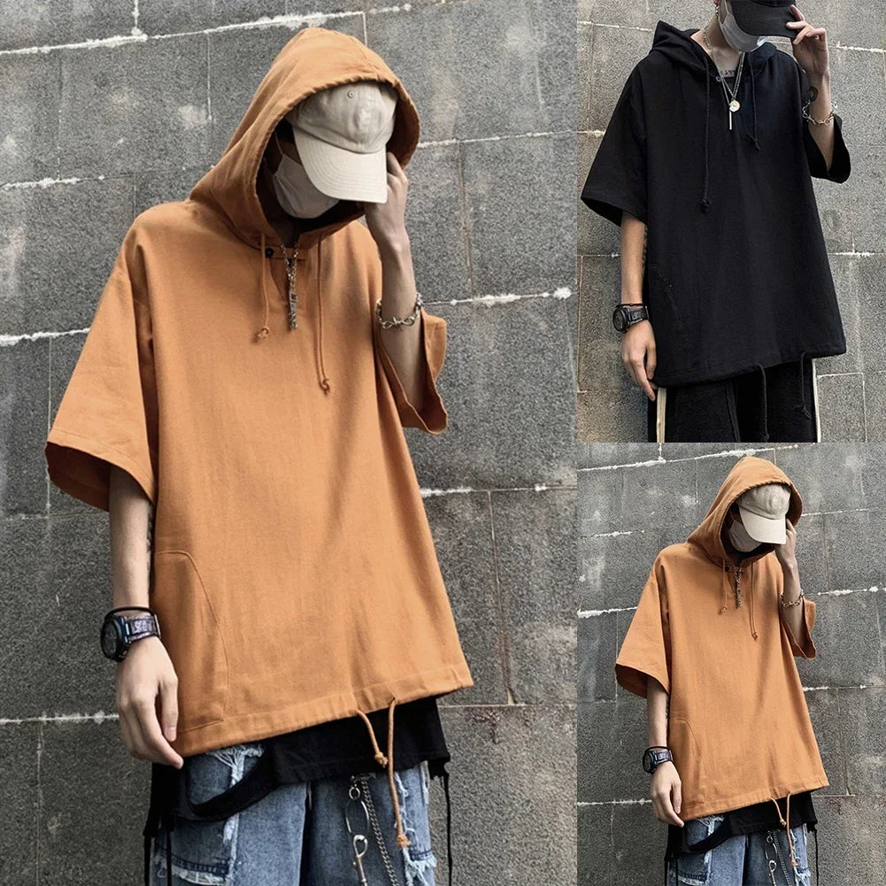 HEARUJOY  -  Casual Outing Black Men Hooded T-Shirt Oversize T Shirt Korean Style Tee Black Casual Shirt Yellow Casual Shirt