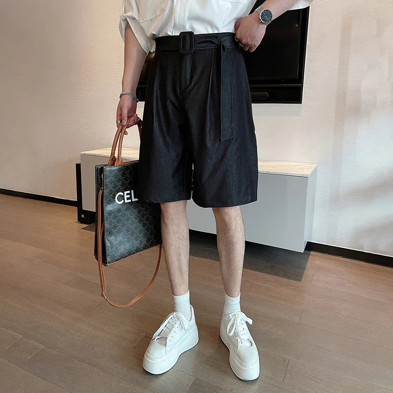 Hearujoy Trendy Men's Shorts Lace-up Solid Color Male Bottoms Pocket 2024 Summer Loose Temperament Knee-length  9C6440