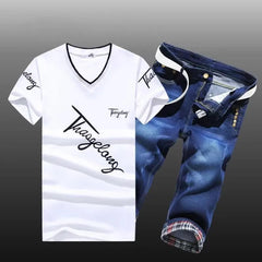 HEARUJOY  -  Summer Men Set Cotton T-Shirts Denim shorts New Tide Cowboy Shorts two Piece suits  Handsome Men's Sets