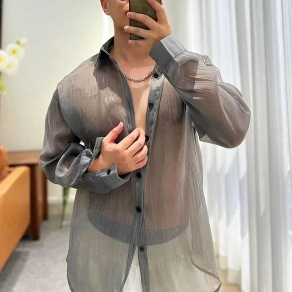 Hearujoy Trendy Fashion Shirt Men's See-through Solid All-match Blouse Spring Summer New Sexy Mesh Long-sleeved Shirts LGBT Streetwear