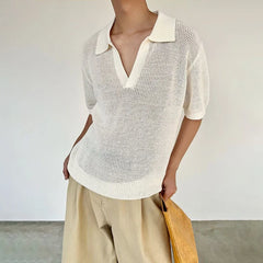 HEARUJOY  -  Summer New Men's Solid Color Hollow Short Sleeve T-shirt American Retro Fashion Trend Loose Simple Breathable Men's Tops