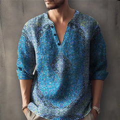 HEARUJOY  -  Vintage Ethnic flower 3D Print Shirt For Men Spring Autumn Long sleeve V-neck Tee Tops Fashion Casual Pullover Shirts Streetwear