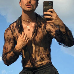 HEARUJOY  -  Mens esh Tops See Through Long Sleeve Floral Clubwear Party Tee Blouse Polyester Black Fit M~2XL Casual Button Down Shirts