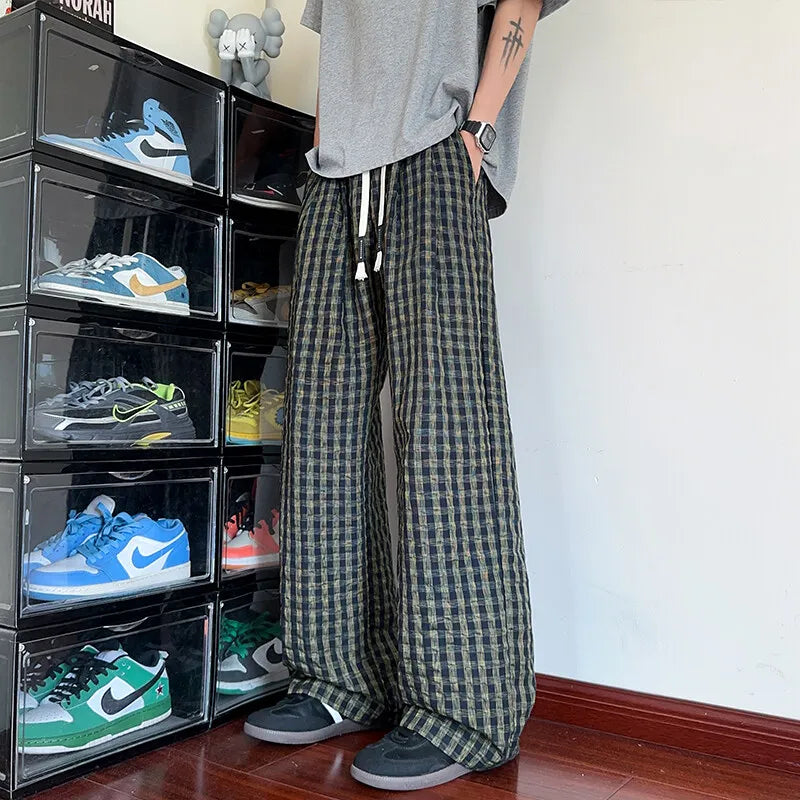 HEARUJOY  -  American Men Thin Pants for Men 2025  Summer plaid  Sweatpants Straight Loose Sports Casual Trousers