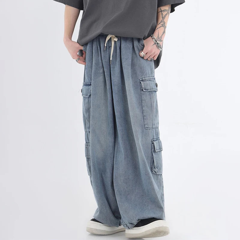 Hearujoy Baggy Cargo Jeans Men Oversize Wide Leg Denim Trousers Male Cargo Pants Japanese Casual Loose Streetwear Hip Hop