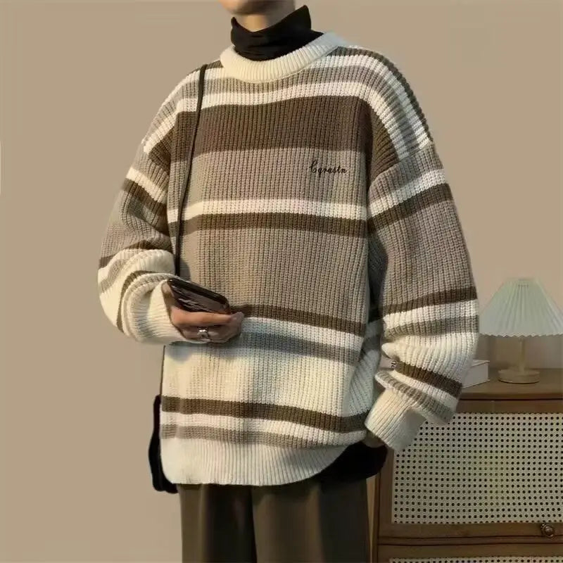 HEARUJOY  -  Men's Retro Striped Contrast Thickened Trendy Brand Loose Sweater Jacket
