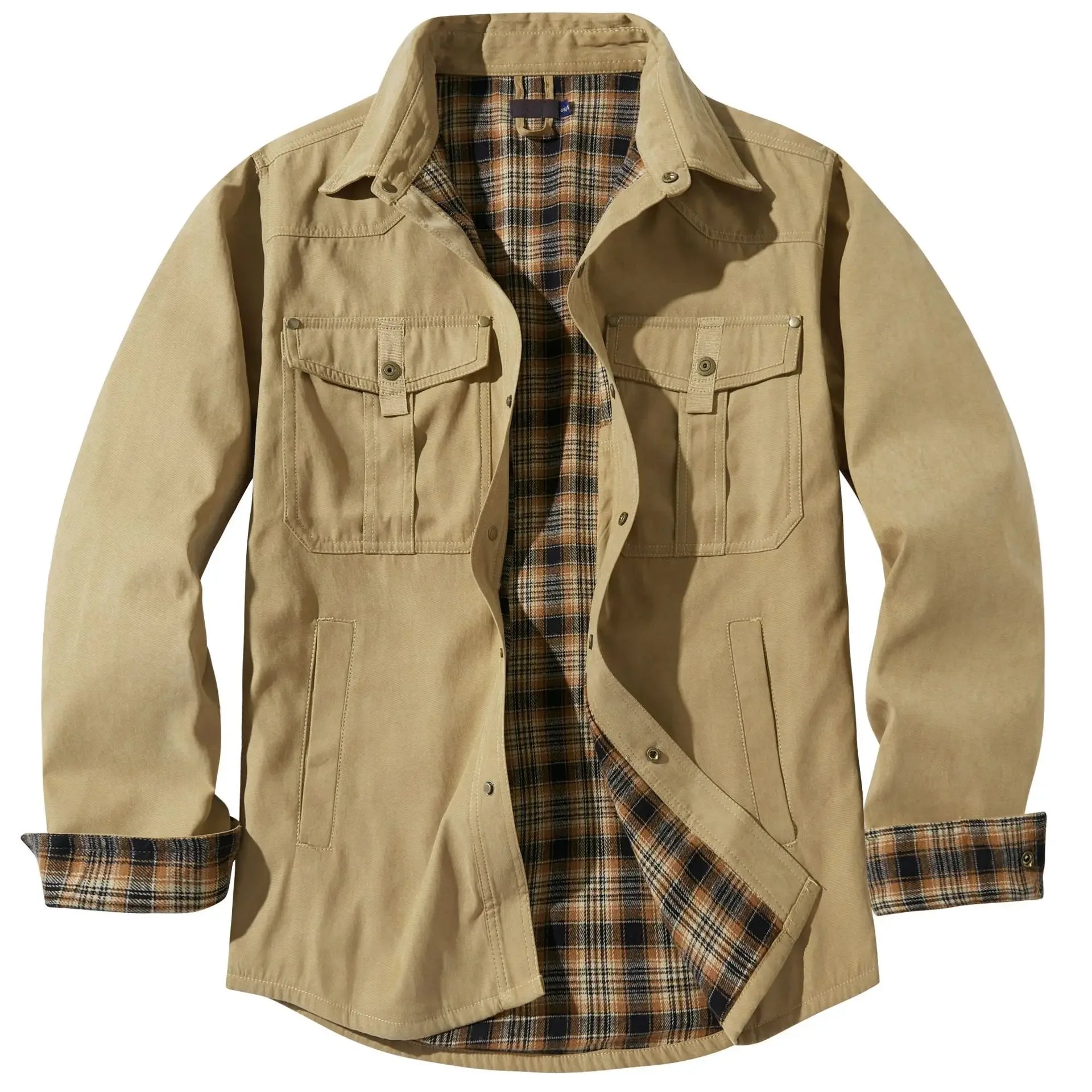 HEARUJOY  -  American Size Men's Plus-size Lapel Plaid Flannel Casual Shirt Jacket Retro Western Style Reversible Jacket