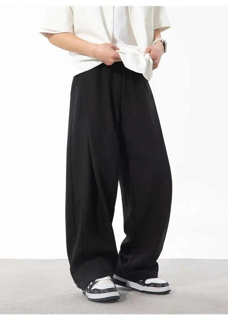 HEARUJOY  -  Korean Style Men's Suit Pants Solid Color Pleated Design Botton Drawstring Simple Elastic Waist Summer Male Trousers